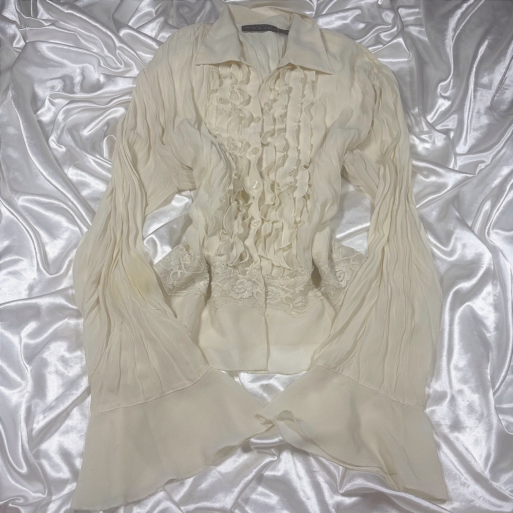 Vintage Blouse Cream Fair Ruffle Lace Pleated Bell Sleeve Fairycore Y2K